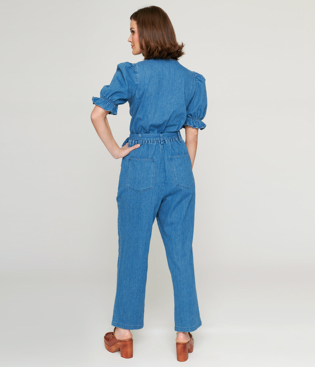 1970s Denim Puff Sleeve Jumpsuit