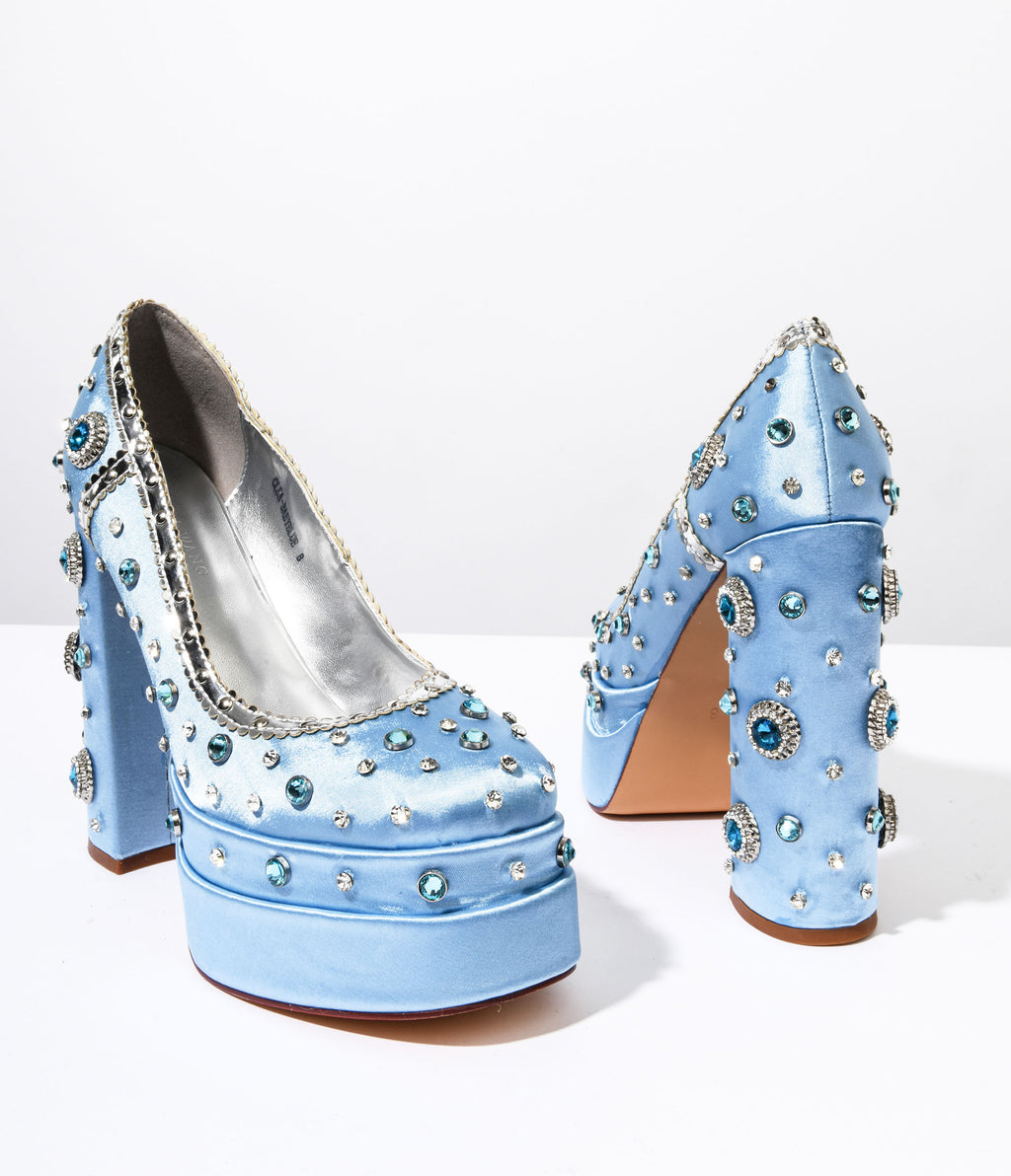 Baby Blue Rhinestone Embellished Platform Heels