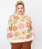 1970s Cream & Multicolor Retro Daisy Pullover Knit Sweater