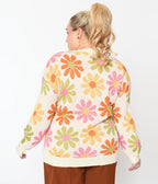 1970s Cream & Multicolor Retro Daisy Pullover Knit Sweater