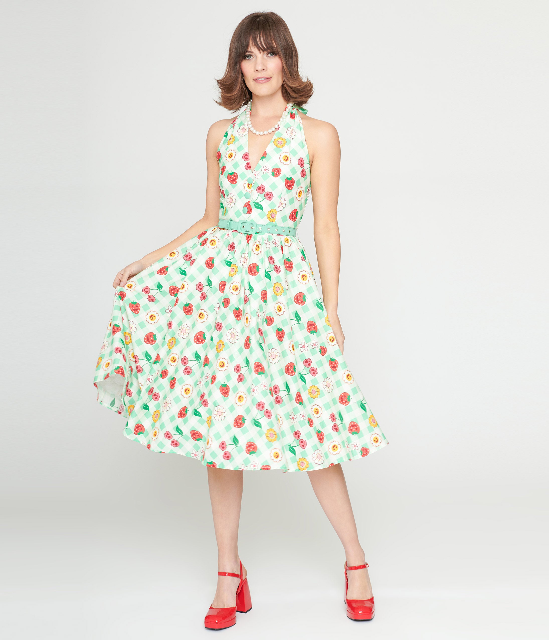 Unique Vintage 1950s Green Gingham Spooky Fruit Print Halter