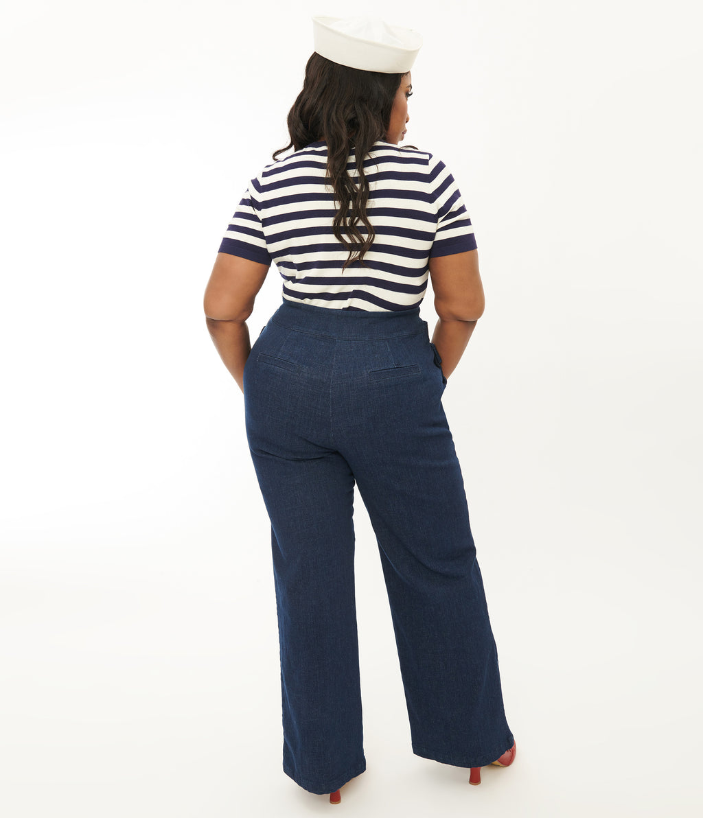 Unique Vintage Plus Size 1940s Denim High Waist Wide Leg Tab Pants