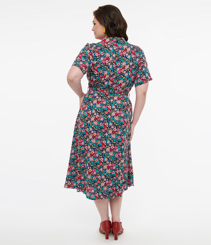 Plus Size 1930s Black & Multicolor Floral Print Tea Party Midi Dress