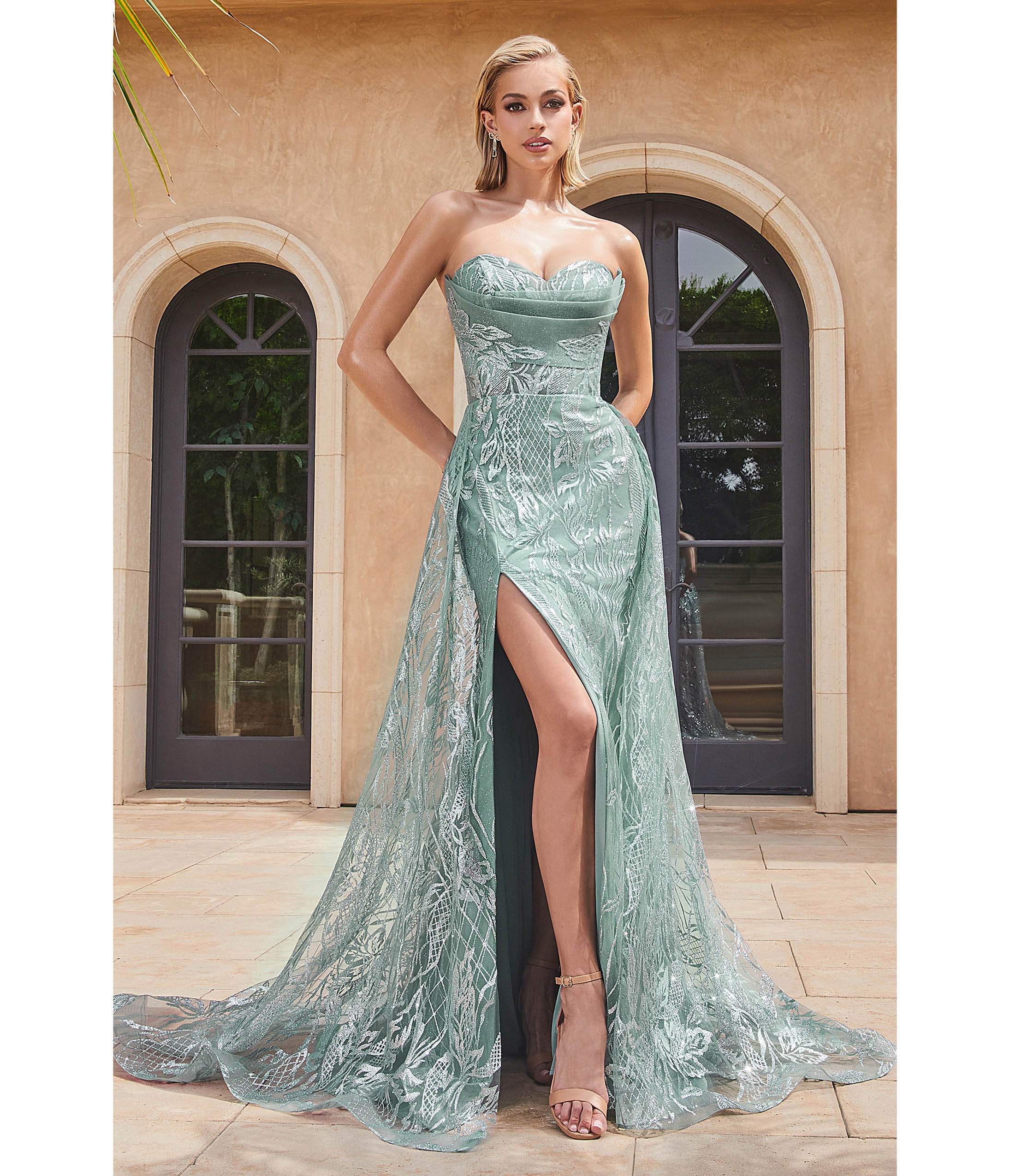 Ladivine by Cinderella Divine Sage Floral Glitter Strapless Prom Gown