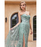 Ladivine by Cinderella Divine Sage Floral Glitter Strapless Prom Gown