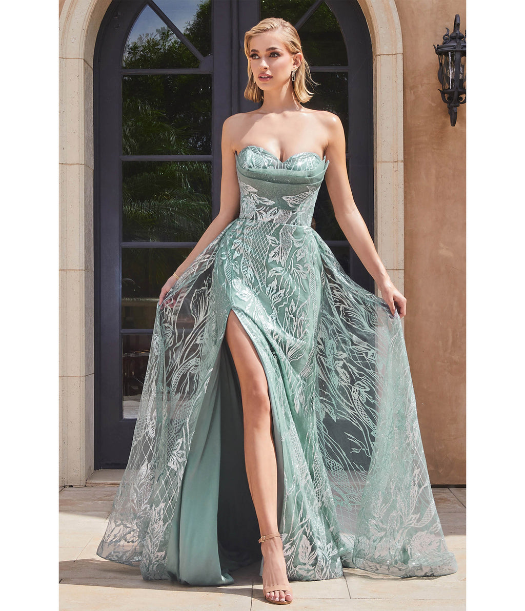 Ladivine by Cinderella Divine Sage Floral Glitter Strapless Prom Gown