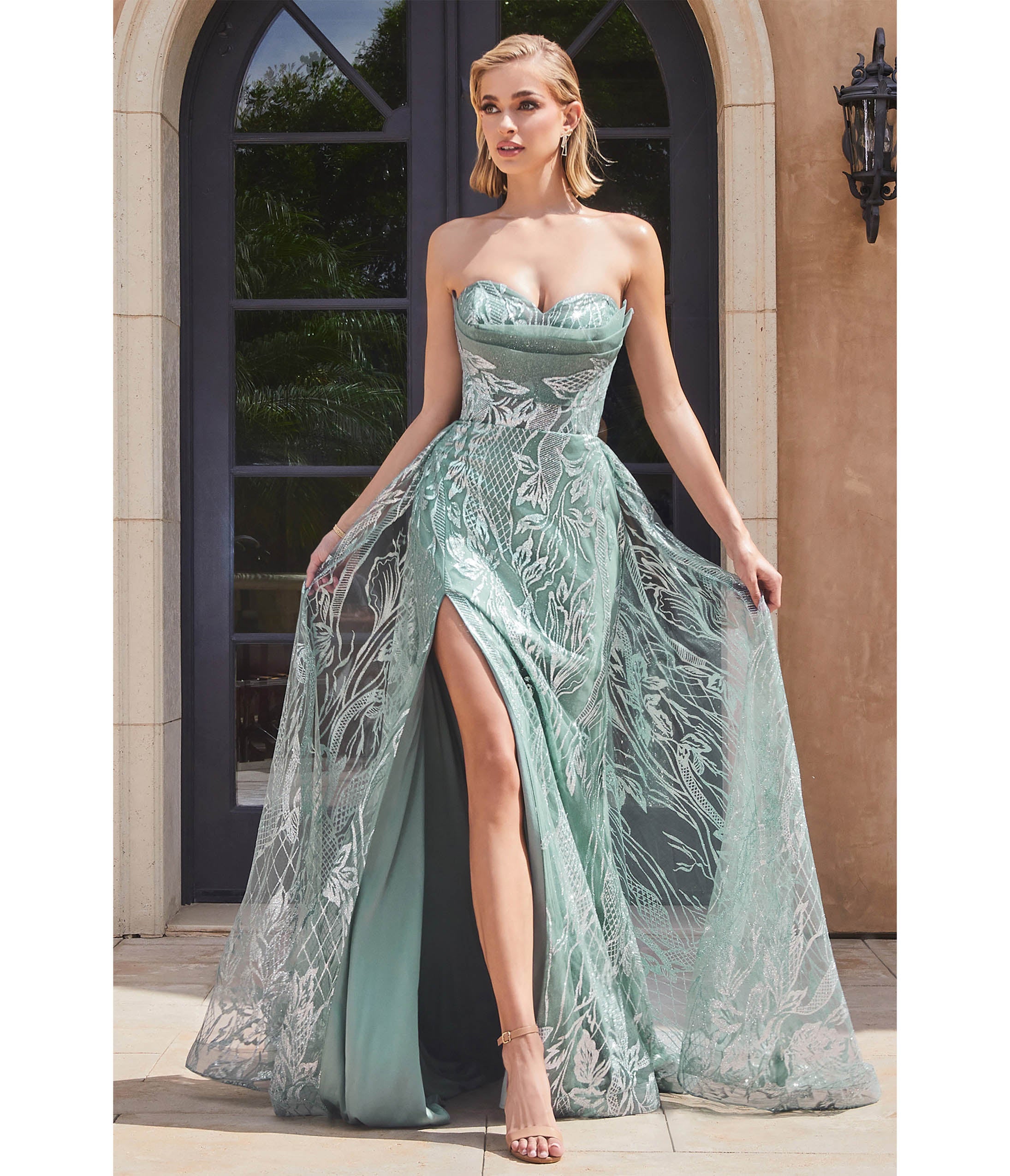 Ladivine by Cinderella Divine Sage Floral Glitter Strapless Prom Gown