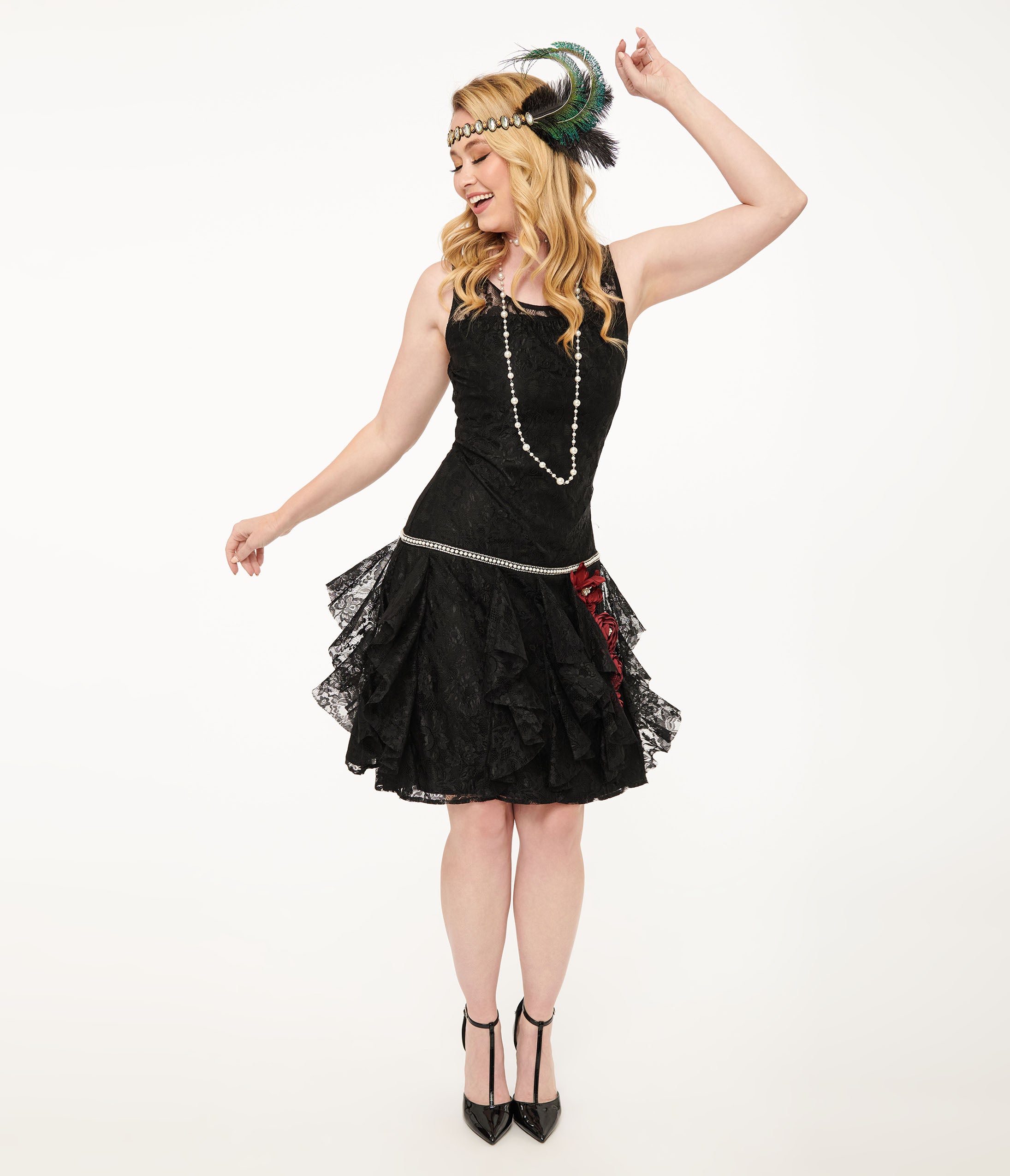 Unique Vintage 1920s Black Lace & Red Flowers Ruffle Flapper Dress