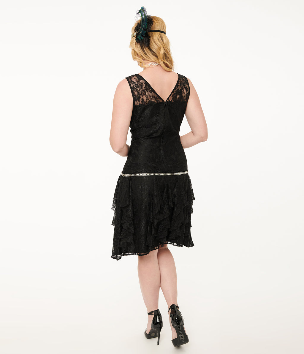 Unique Vintage 1920s Black Lace & Red Flowers Ruffle Flapper Dress
