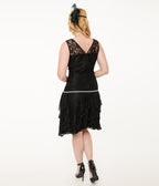 Unique Vintage 1920s Black Lace & Red Flowers Ruffle Flapper Dress
