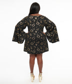 Smak Parlour 1960s Plus Size Black & Gold Celestial Print Mini Dress