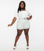 White & Dusty Blue Floral Belted Shorts