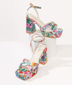 1970s White Floral Lexico Platform Sandals - Unique Vintage - Womens, SHOES, SANDALS
