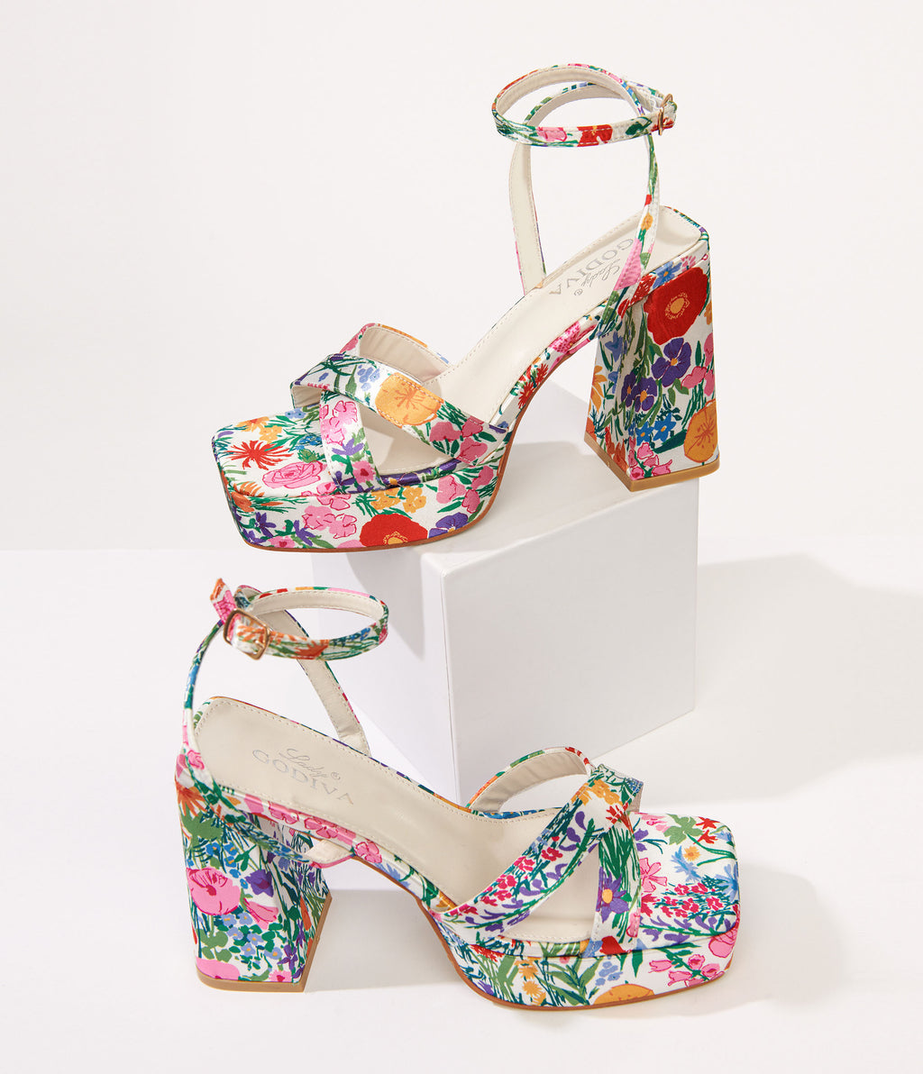 1970s White Floral Lexico Platform Sandals - Unique Vintage - Womens, SHOES, SANDALS