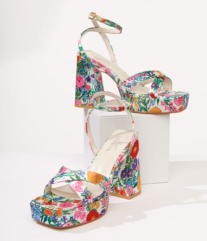 1970s White Floral Lexico Platform Sandals - Unique Vintage - Womens, SHOES, SANDALS