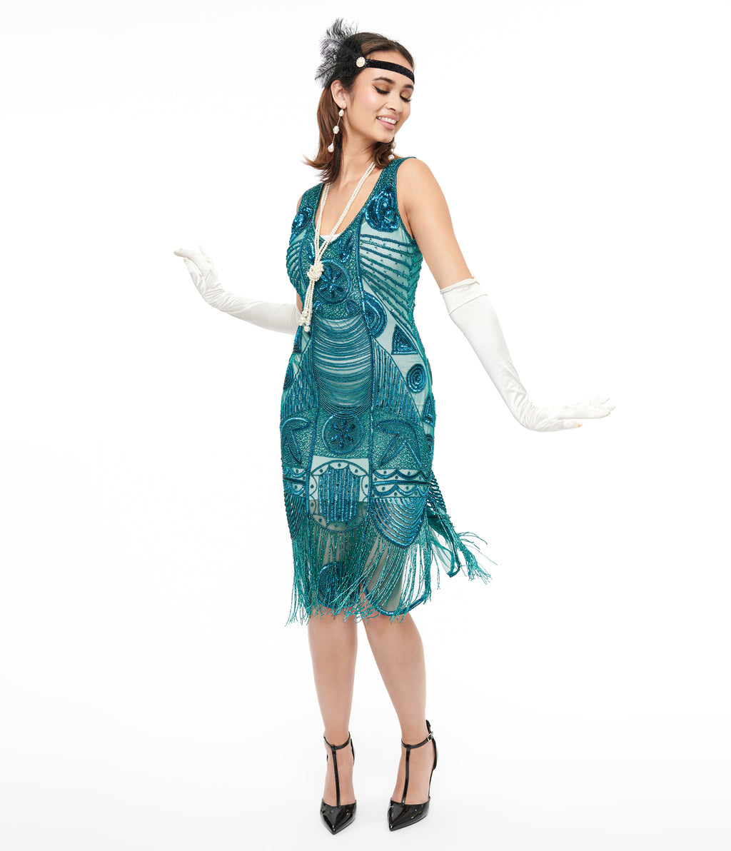 Unique Vintage 1920s Style Teal Hand Beaded Fringe Bosley Flapper Dress