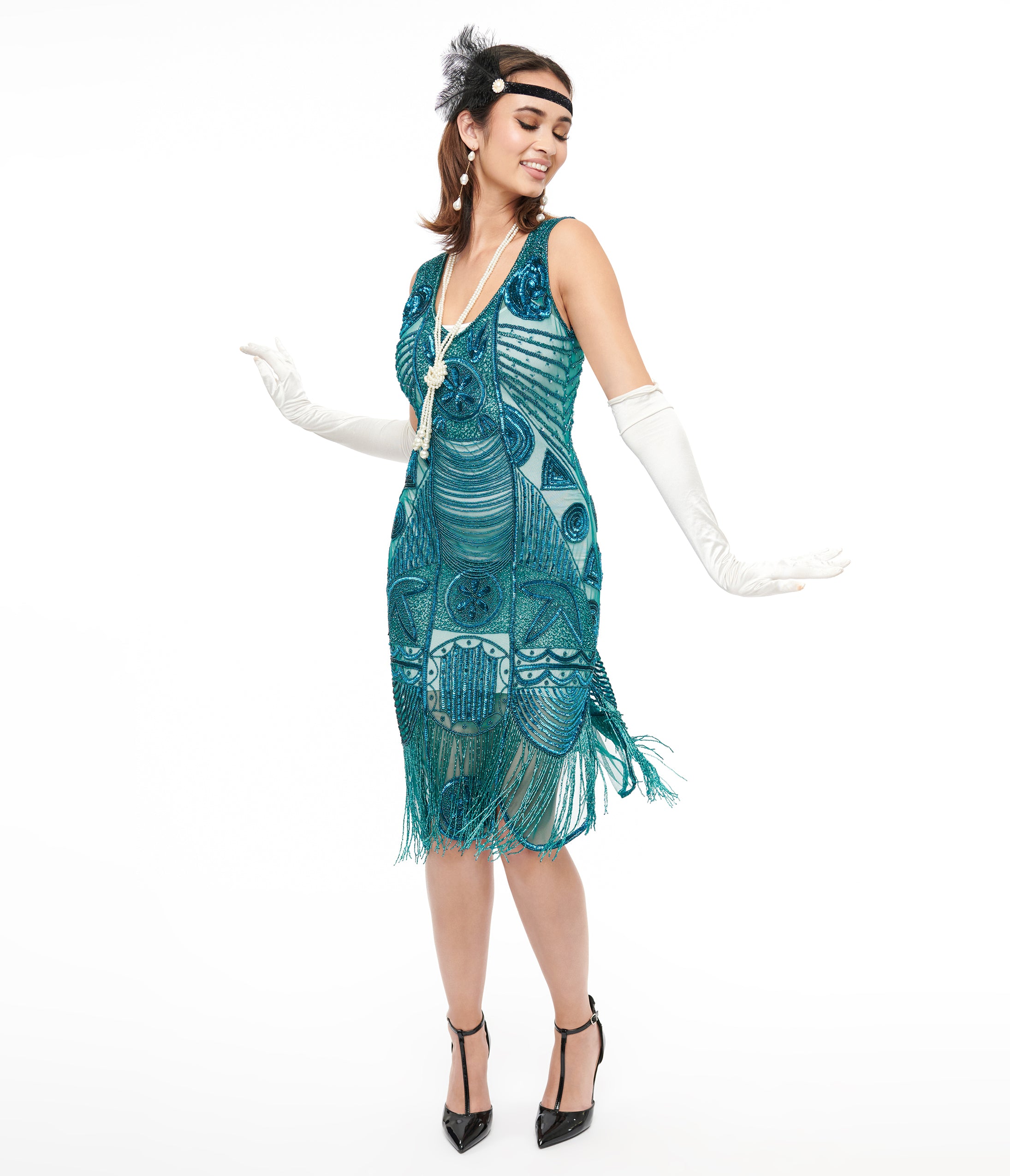 Unique Vintage 1920s Style Teal Hand Beaded Fringe Bosley Flapper Dress