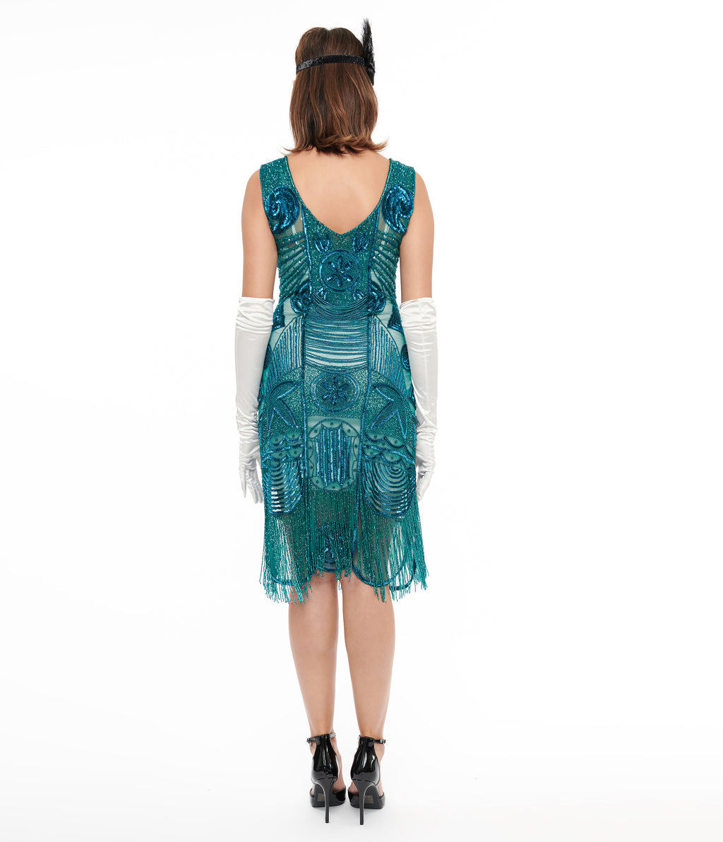 Unique Vintage 1920s Style Teal Hand Beaded Fringe Bosley Flapper Dress