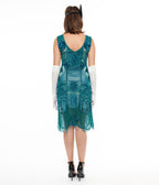 Unique Vintage 1920s Style Teal Hand Beaded Fringe Bosley Flapper Dress