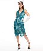 Unique Vintage 1920s Style Teal Hand Beaded Fringe Bosley Flapper Dress