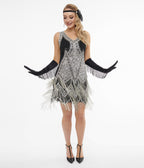 Unique Vintage 1920s Silver & Black Embroidered & Hand Beaded Somerset Flapper Dress