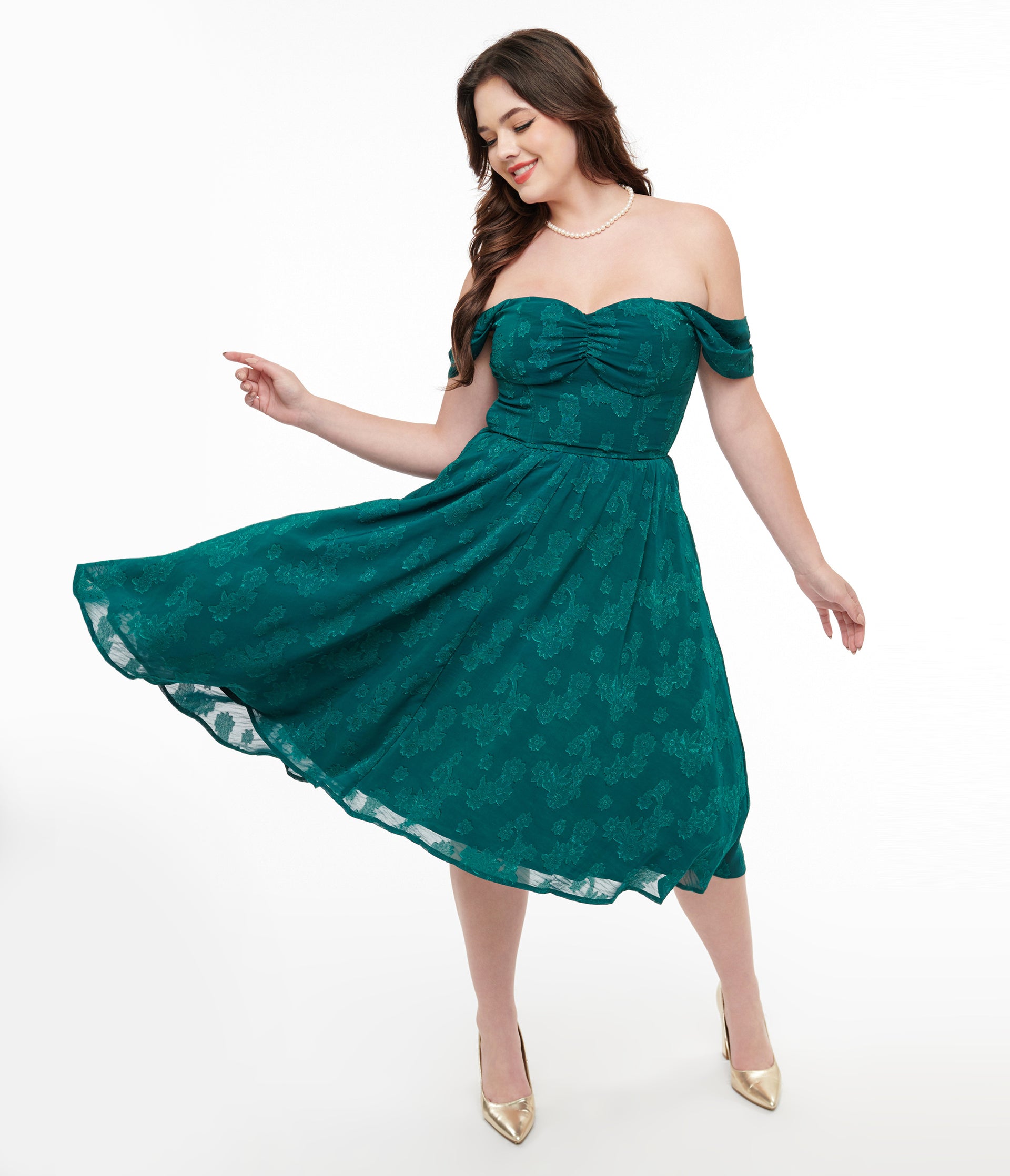 retro off shoulder dress Unique Vintage 1950s Teal Jacquard Off Shoulder Flare Dress