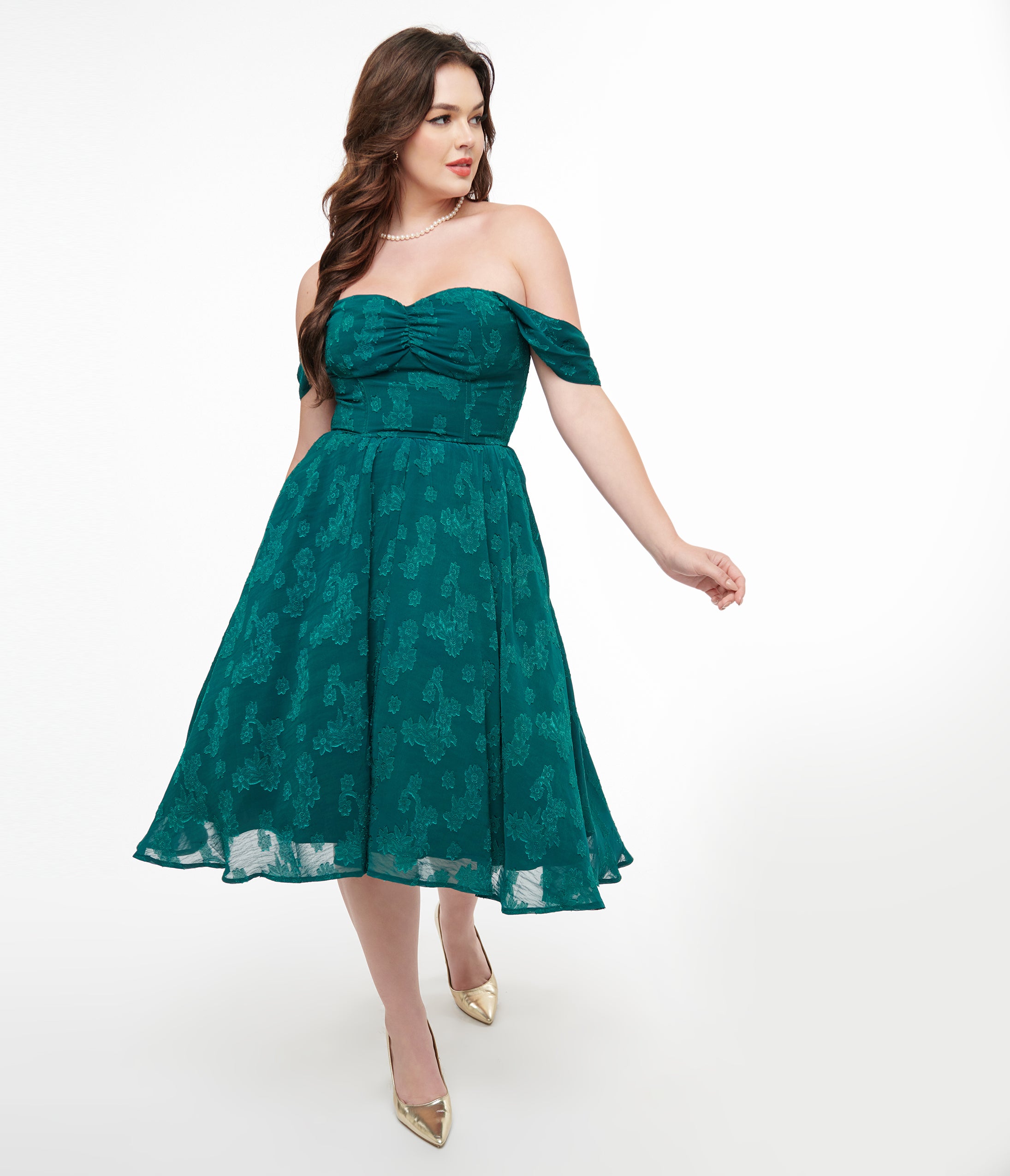 Unique Vintage 1950s Teal Jacquard Off Shoulder Flare Dress Unique Vintage 1950s Teal Jacquard Off Shoulder Flare Dress