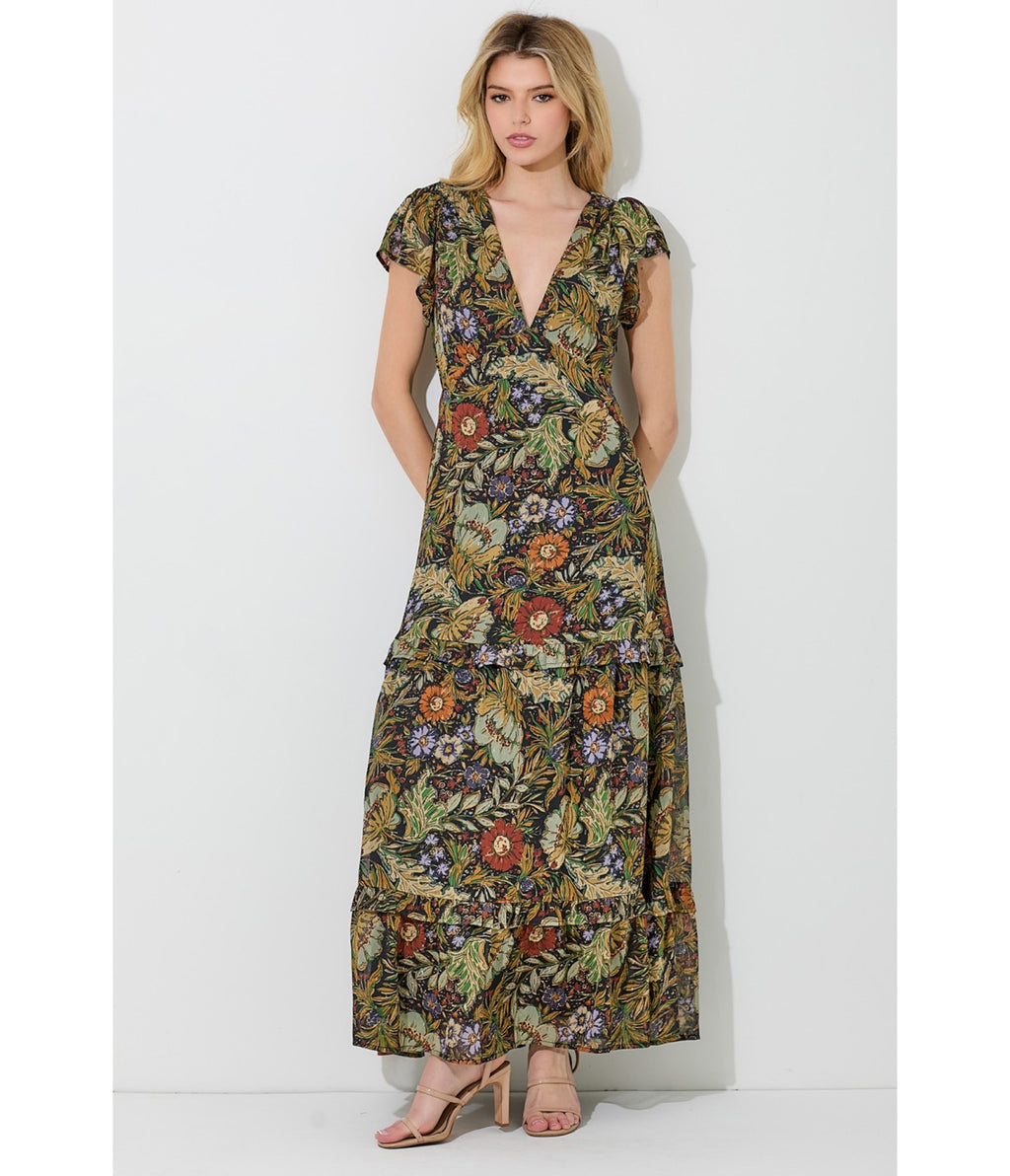 Polagram 1970s Autumn Floral Chiffon Maxi Dress