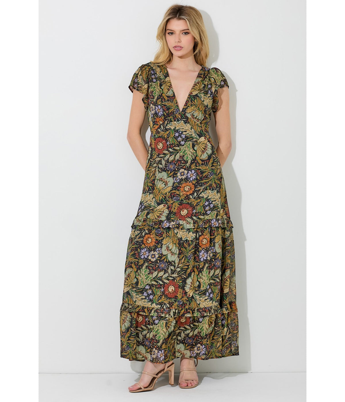 Polagram 1970s Autumn Floral Chiffon Maxi Dress