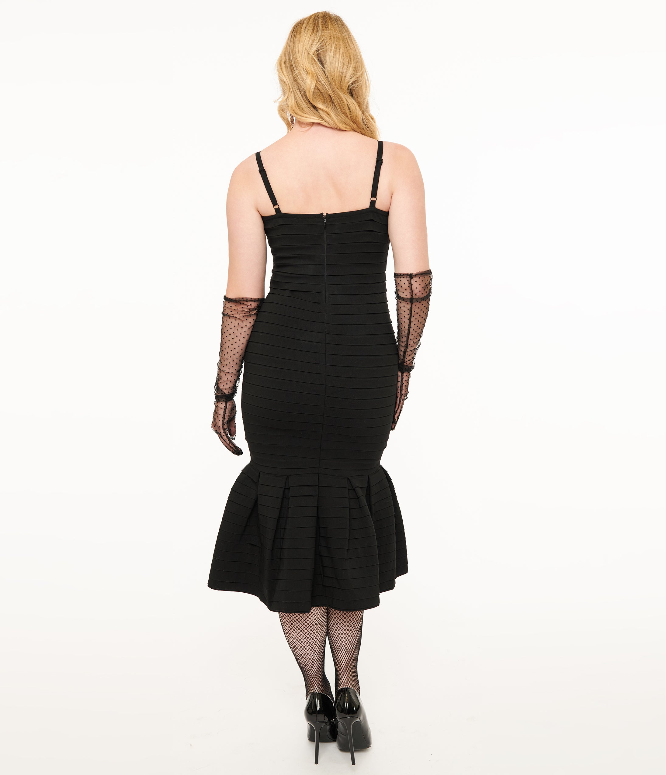 Unique Vintage 1960s Black Pleated Bengaline Mermaid Pencil Dress