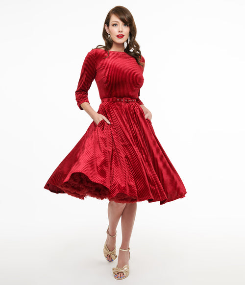 Unique Vintage 1950s Burgundy Textured Velvet Devon Swing Dress Unique Vintage 1950s Burgundy Textured Velvet Devon Swing Dress