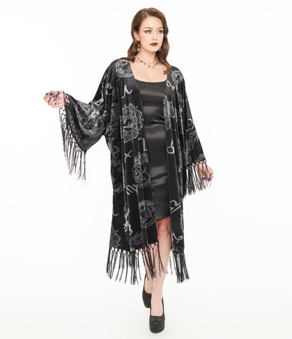 Unique Vintage 1920s Silver & Black Velvet Zodiac Fringe Kimono