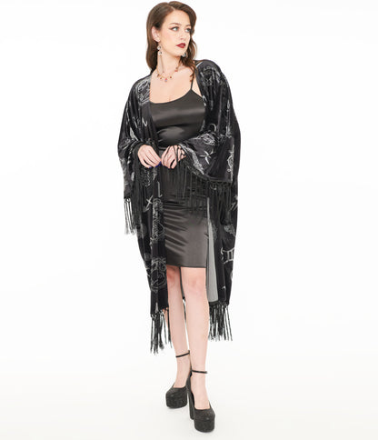 Unique Vintage 1920s Silver & Black Velvet Zodiac Fringe Kimono