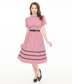 Unique Vintage Berry & Black Cotton Swing Dress
