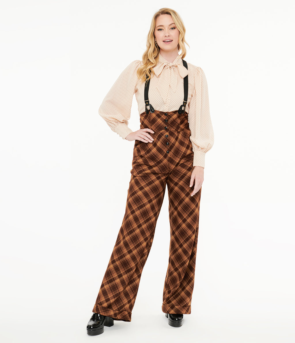 Unique Vintage 1940s Brown & Tan Plaid Thelma Suspender Pants