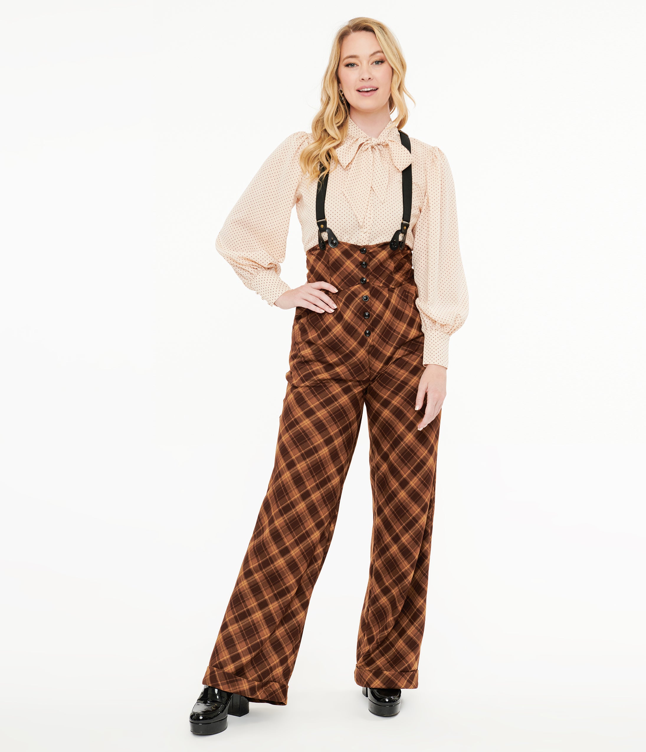 Unique Vintage 1940s Brown & Tan Plaid Thelma Suspender Pants