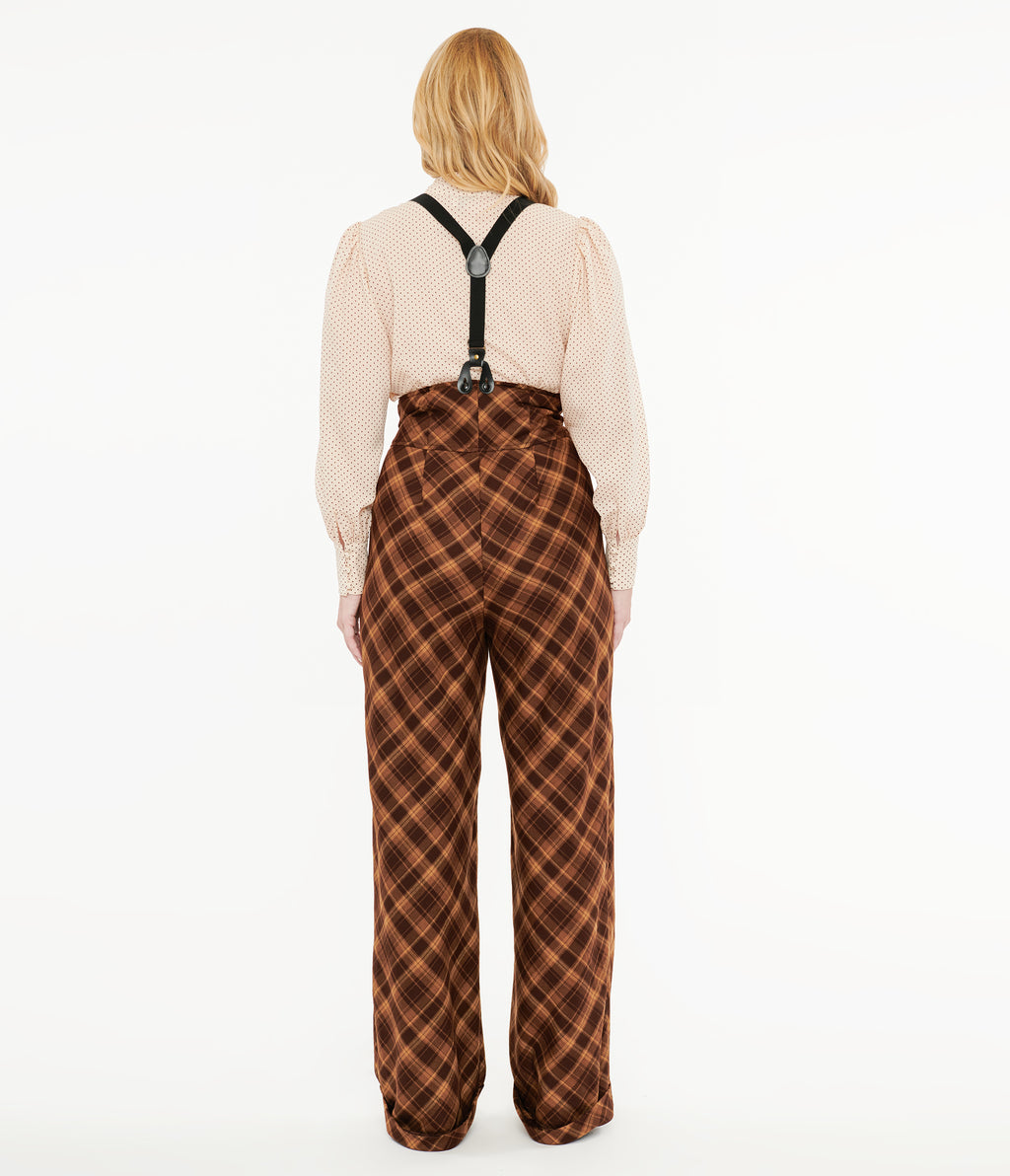 Unique Vintage 1940s Brown & Tan Plaid Thelma Suspender Pants