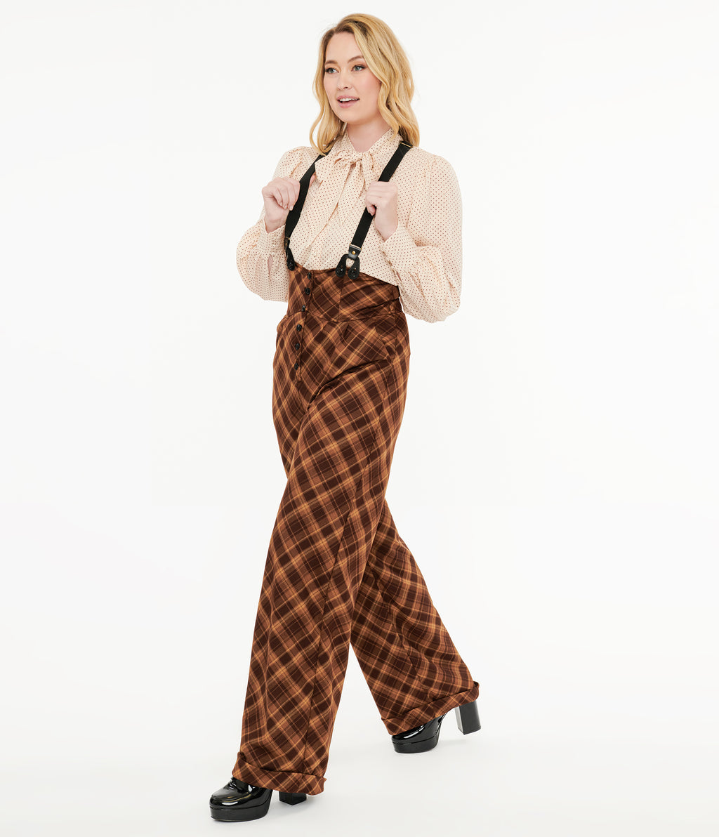 Unique Vintage 1940s Brown & Tan Plaid Thelma Suspender Pants