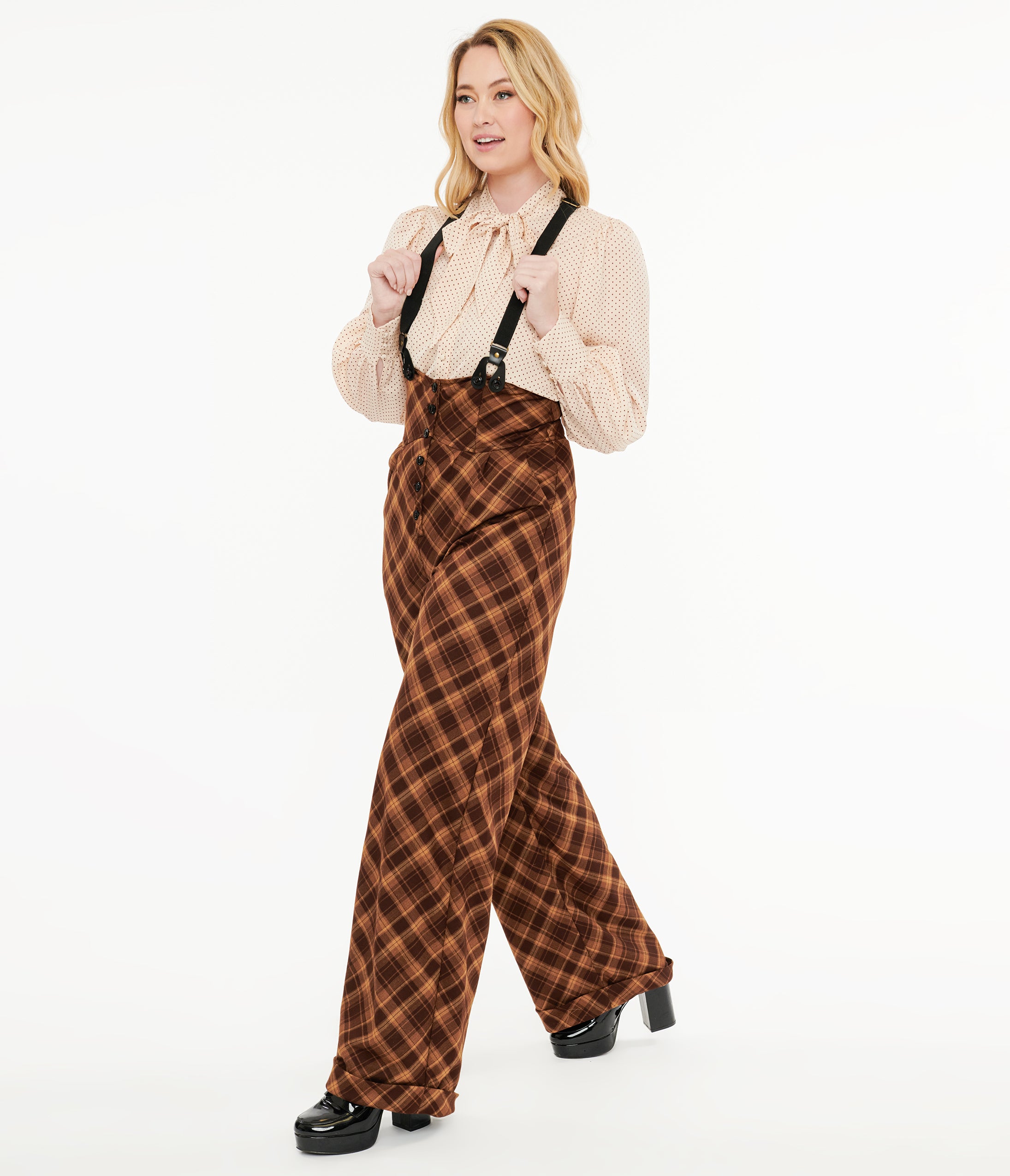 Unique Vintage 1940s Brown & Tan Plaid Thelma Suspender Pants