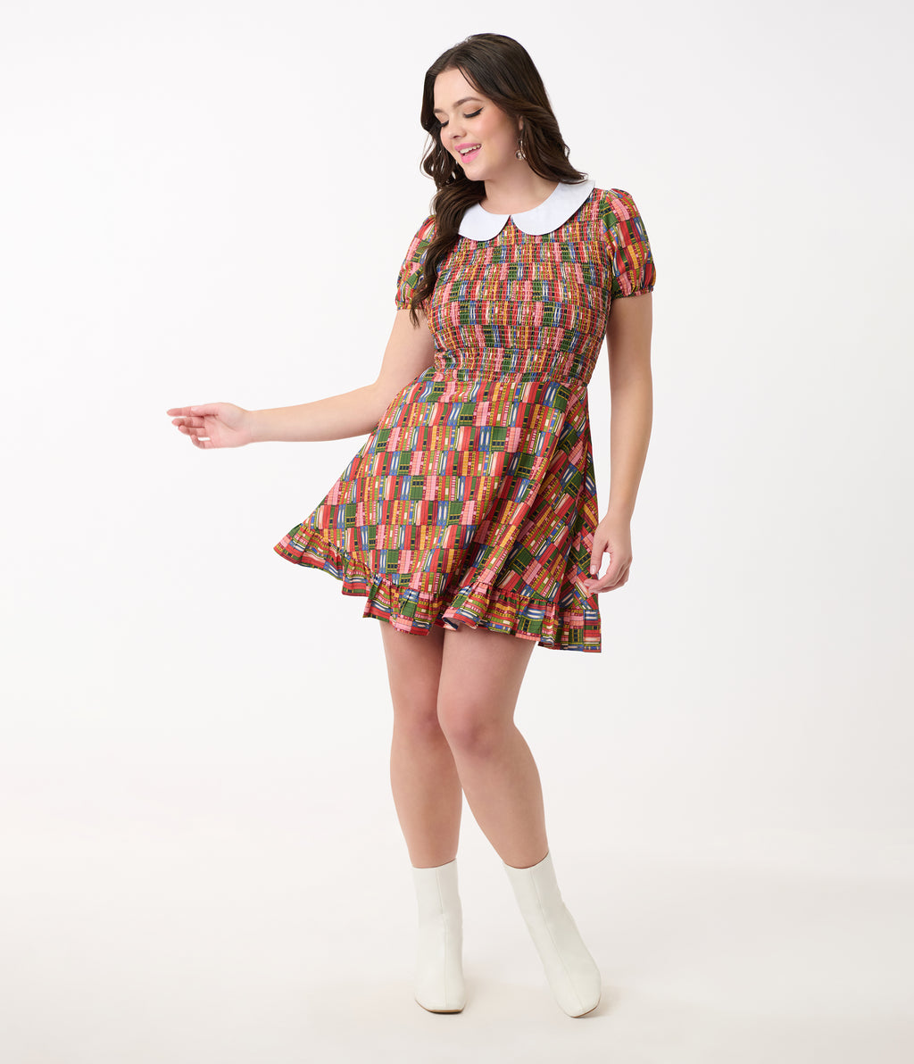 Smak Parlour Library Shelves Print Smocked Fit & Flare Dress