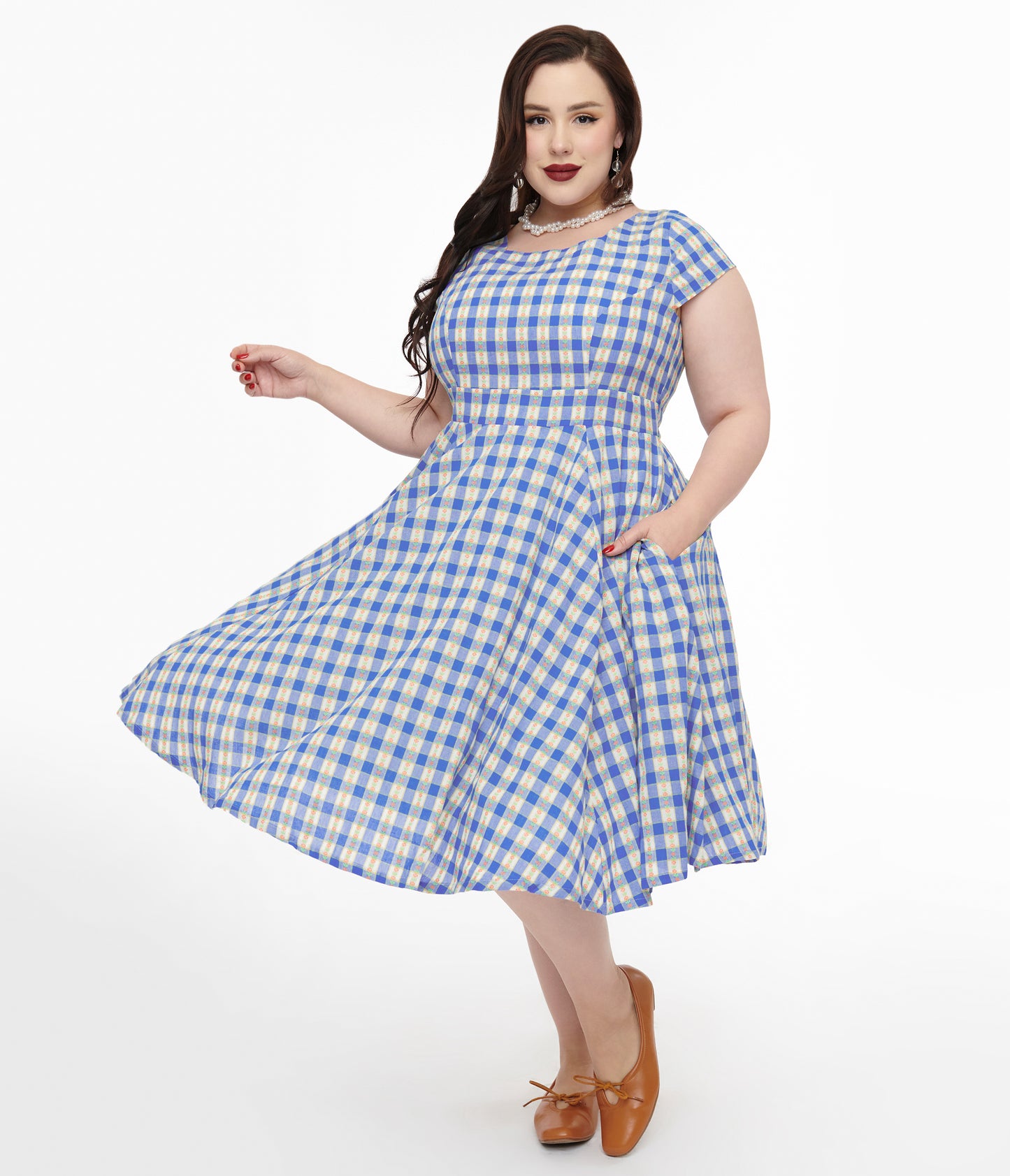 Magnolia Place Plus Size 1950s Blue Floral Gingham Anna Swing Dress