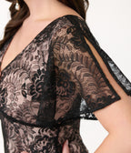 Unique Vintage 1920s Black Lace & Peach Lining Flutter Sleeve Flapper Dress