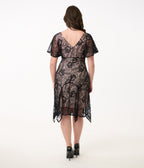 Unique Vintage 1920s Black Lace & Peach Lining Flutter Sleeve Flapper Dress