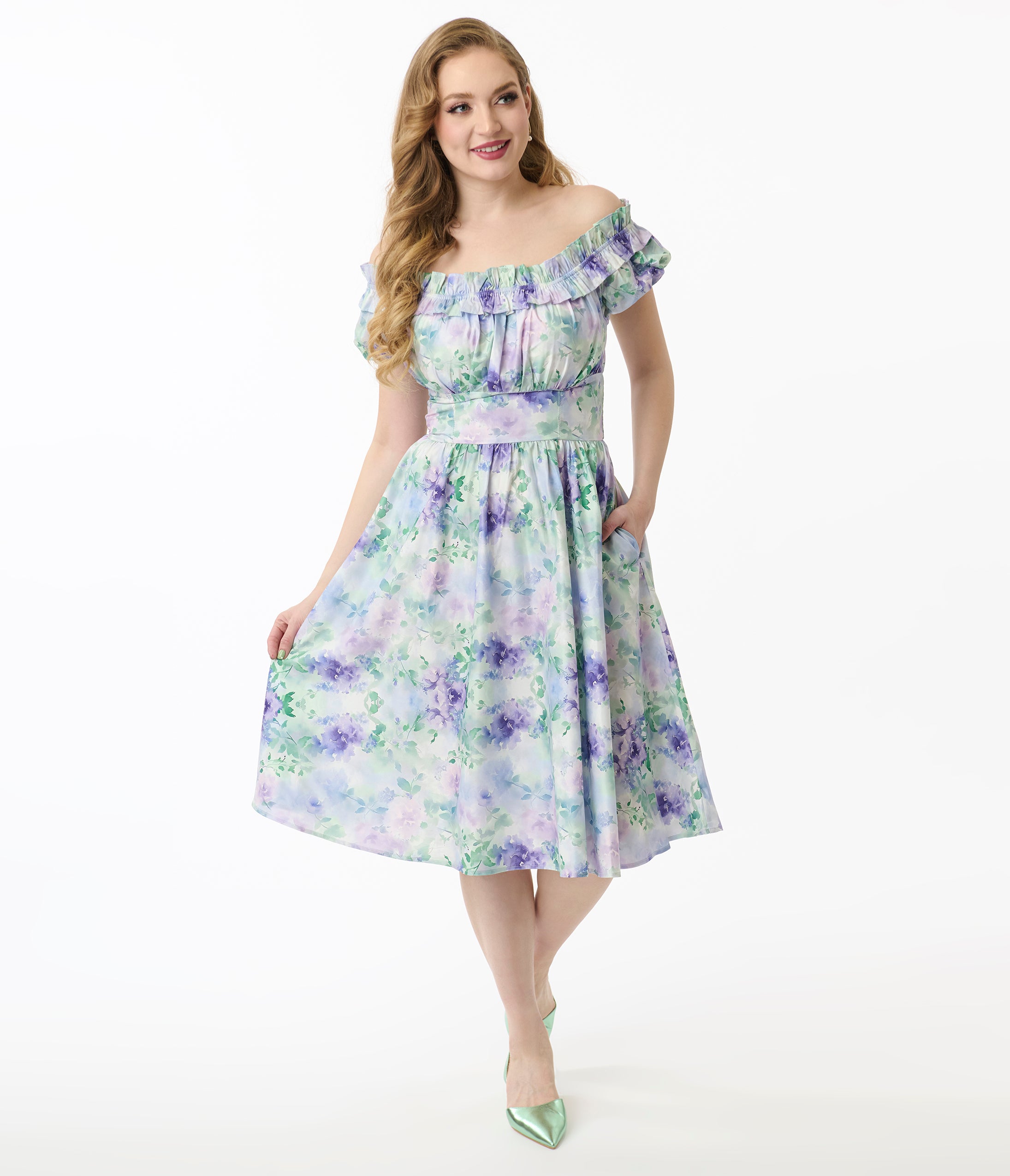 Unique Vintage 1950s Lavender Floral Off The Shoulder Ruffle Swing Dre