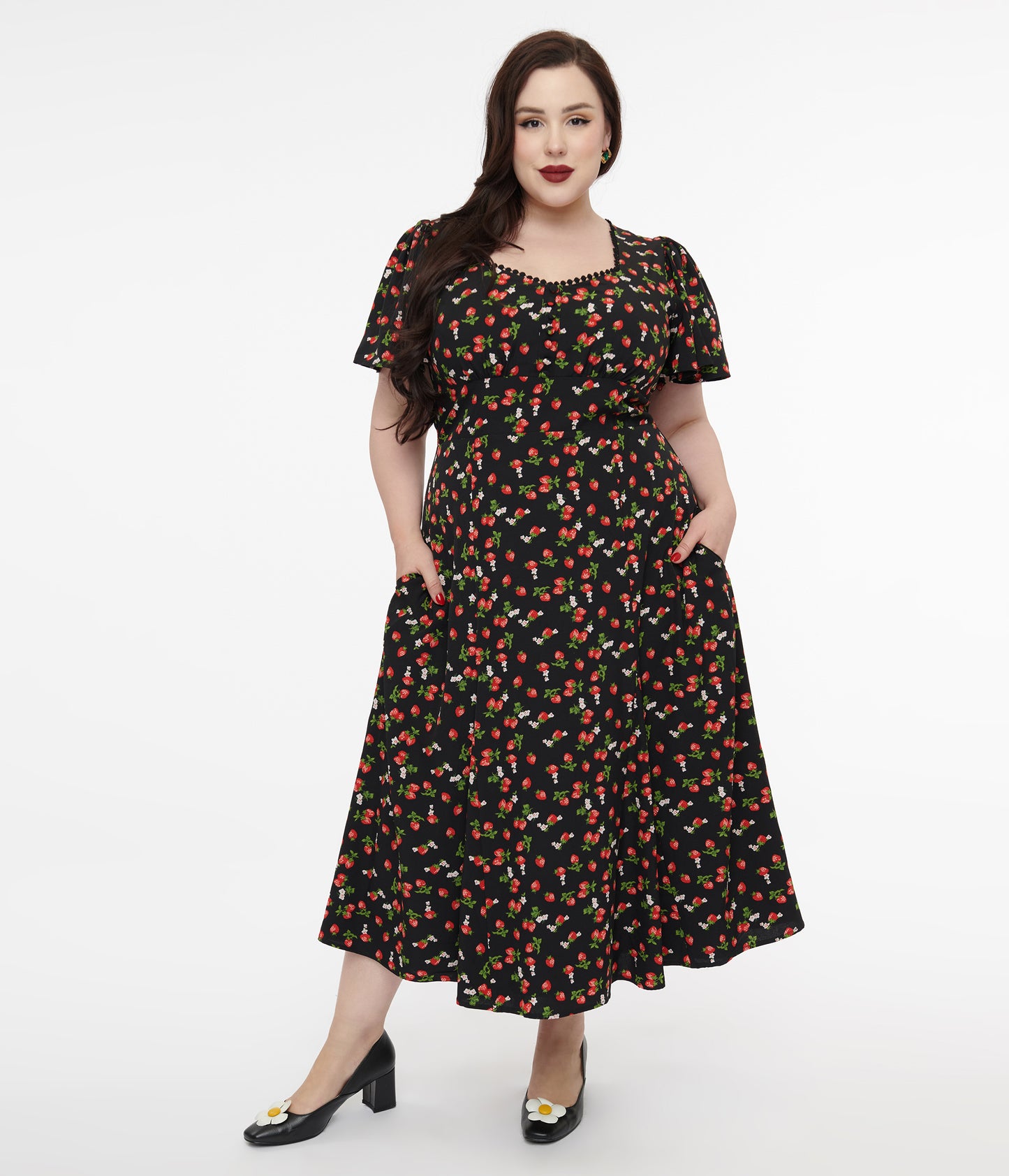 Unique Vintage Plus Size 1940s Black & Strawberry Print Midi Dress