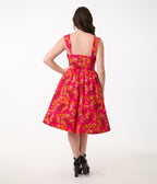 Unique Vintage 1950s Pink & Red Floral Sleeveless Swing Dress