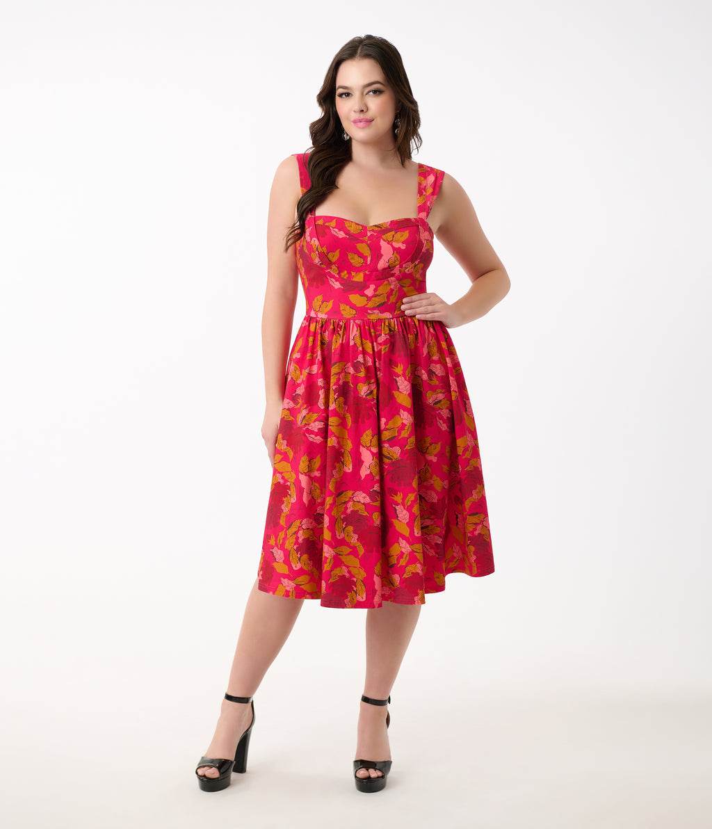Unique Vintage 1950s Pink & Red Floral Sleeveless Swing Dress