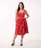 Unique Vintage 1950s Pink & Red Floral Sleeveless Swing Dress