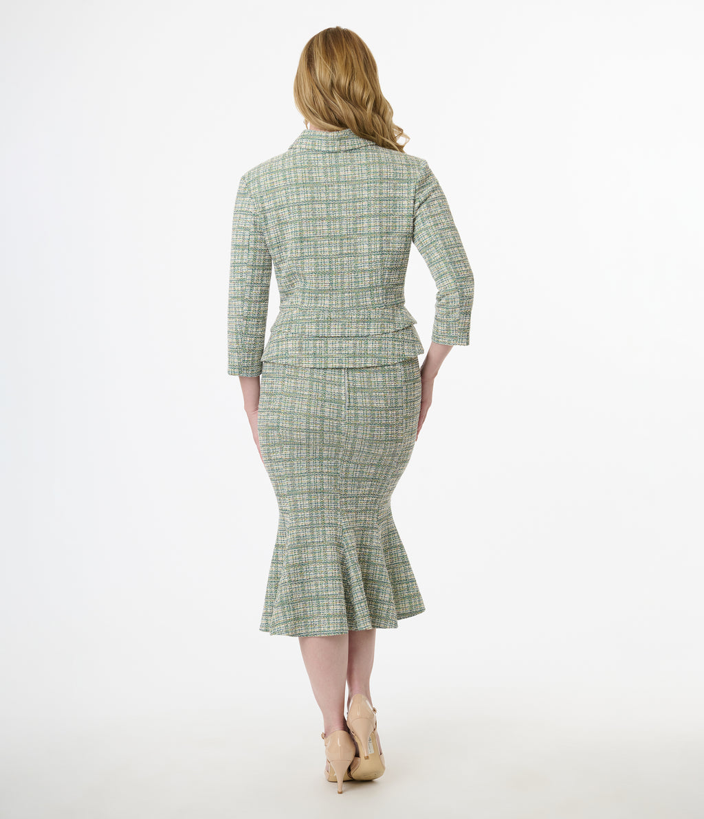 Unique Vintage 1940s Green Plaid Boucle Trumpet Skirt
