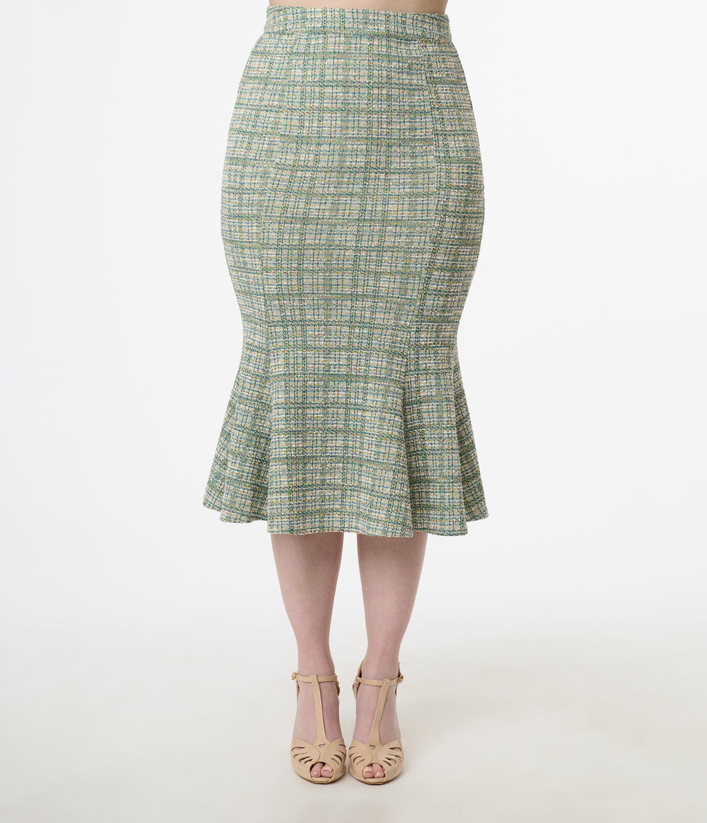Unique Vintage 1940s Green Plaid Boucle Trumpet Skirt